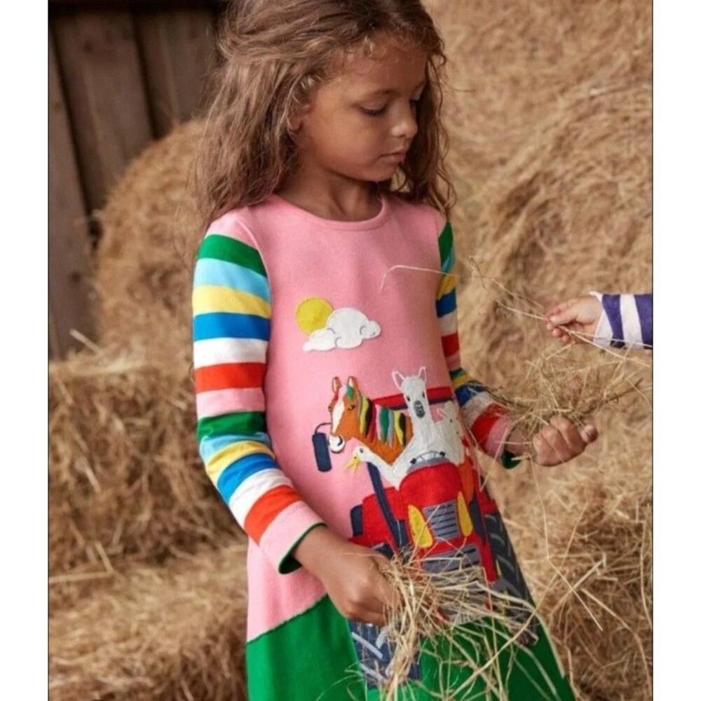 Mini Boden Girls Applique long sleeve Dress Farm Animals & pockets size 6/7 GUC